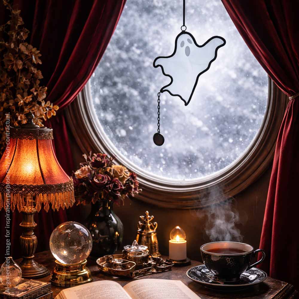 Cozy room with a round window, lamp, tea cup, and a decorative stained glass ghost.