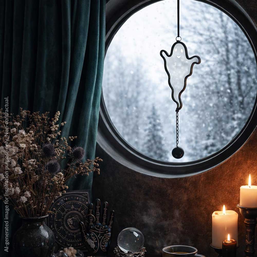 Decorative ghost hanging from a chain in front of a round window with a dark curtain.