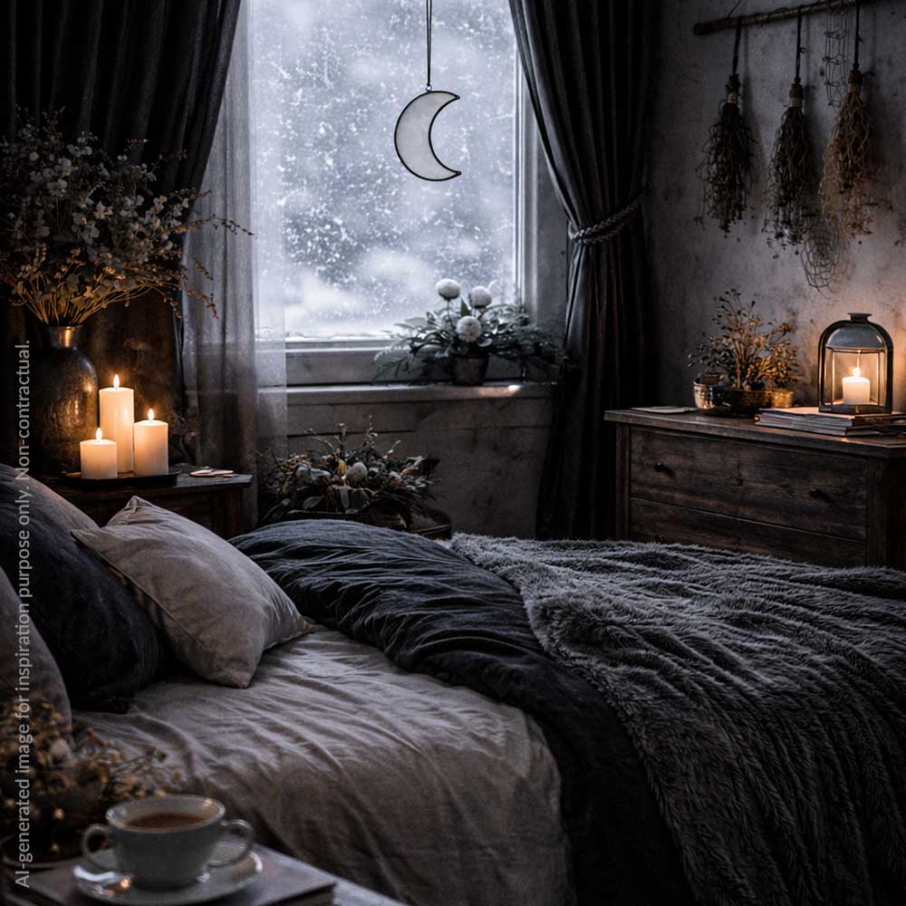 Cozy bedroom with dark tones, candles, and a decorative grey stained glass piece hanging in front of a window.