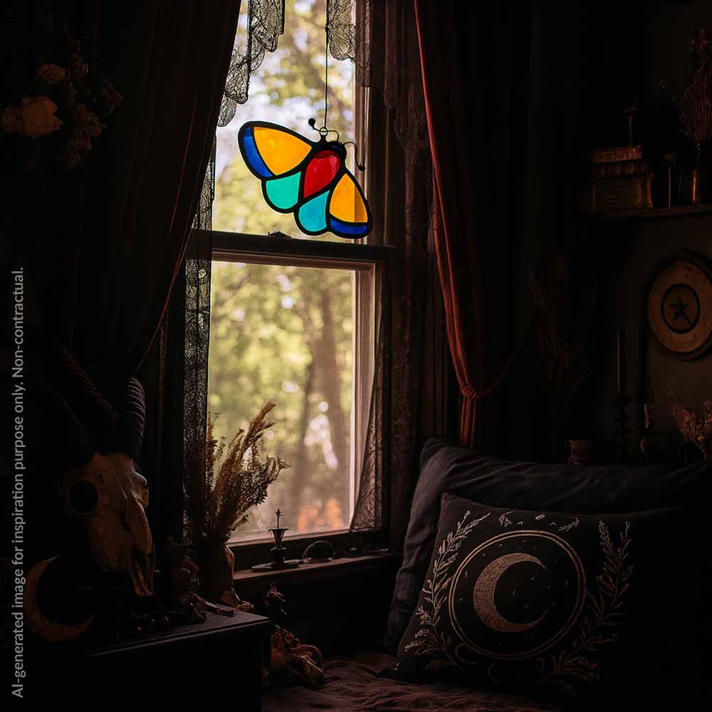 Stained glass moth hanging from a window in a witchy room with a view of trees