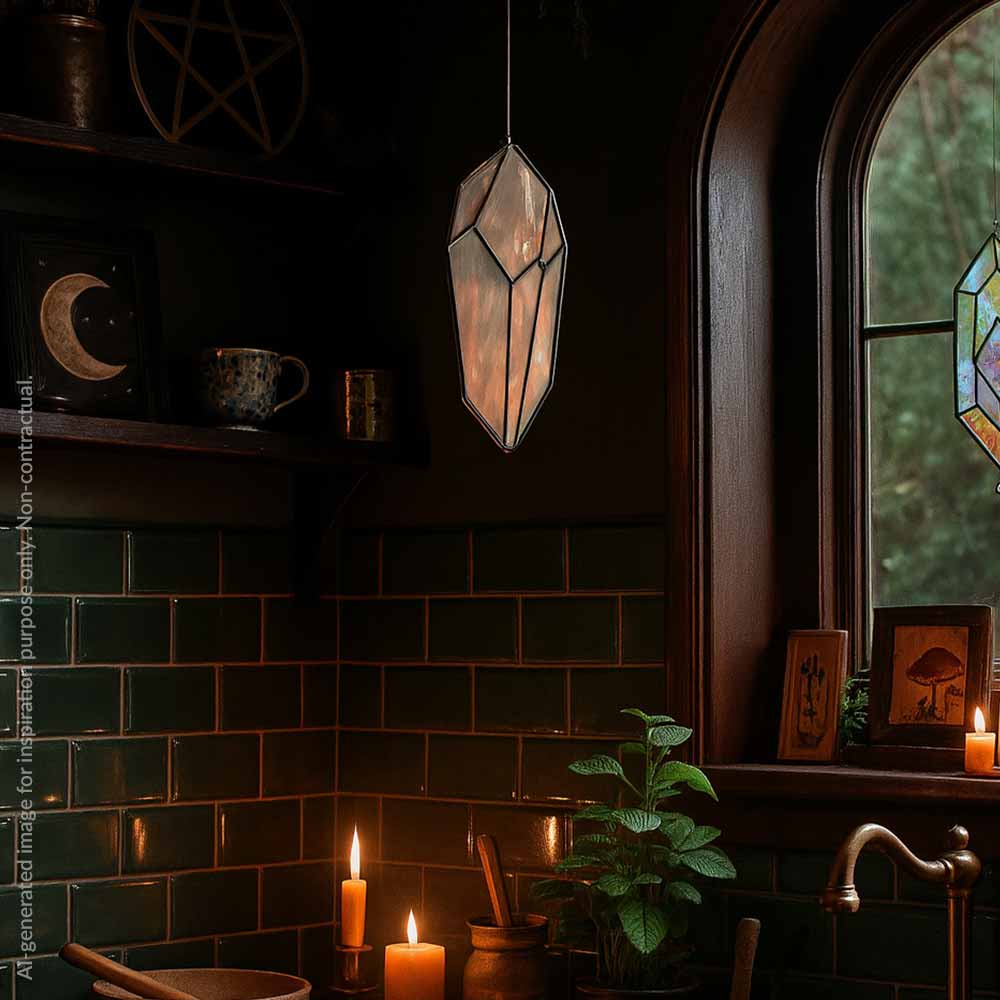 Dark kitchen interior with suspended stained glass gemstone decor, candles, and a plant.