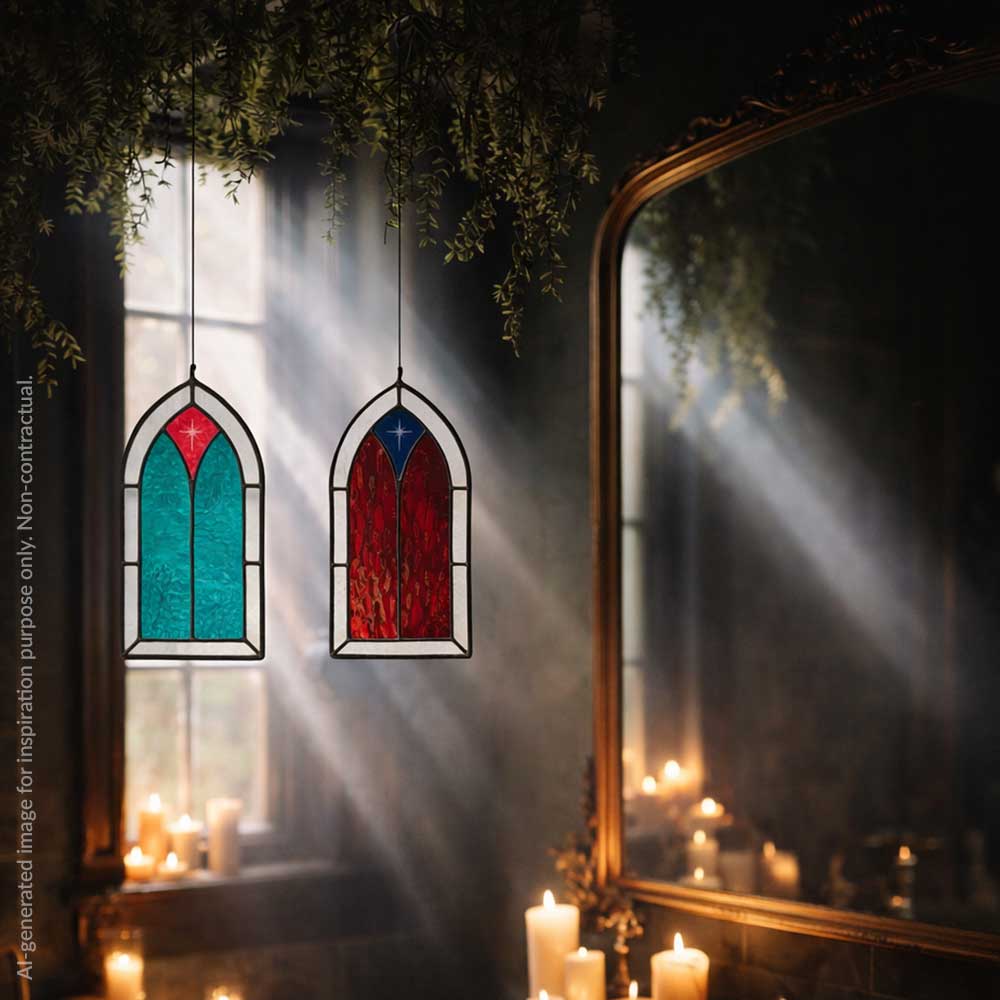 Colourful stained glass window suncatchers in a dimly lit room with candles and a mirror.