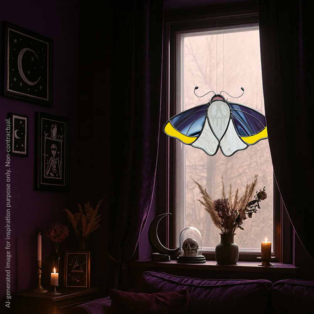Stained glass Moth decoration on a window in a dimly lit room with purple walls and decorative occult items.