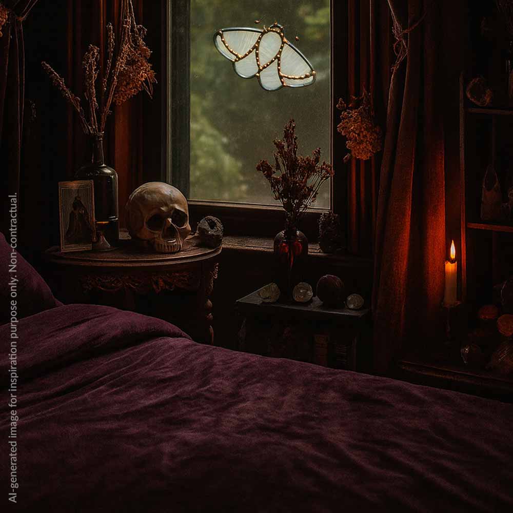 Dark room with skull, candles, and decorative plants near a window with a white stained glass moth.