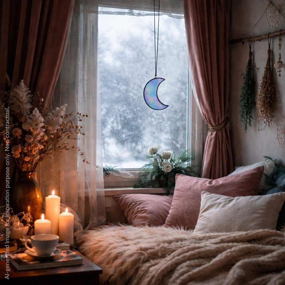 Cozy bedroom with pink curtains, candles, and a moon-shaped iridescent blue decor piece.