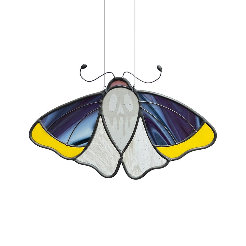 Handmade purple, yellow and clear death moth stained glass window piece, gothic-inspired home decor.
