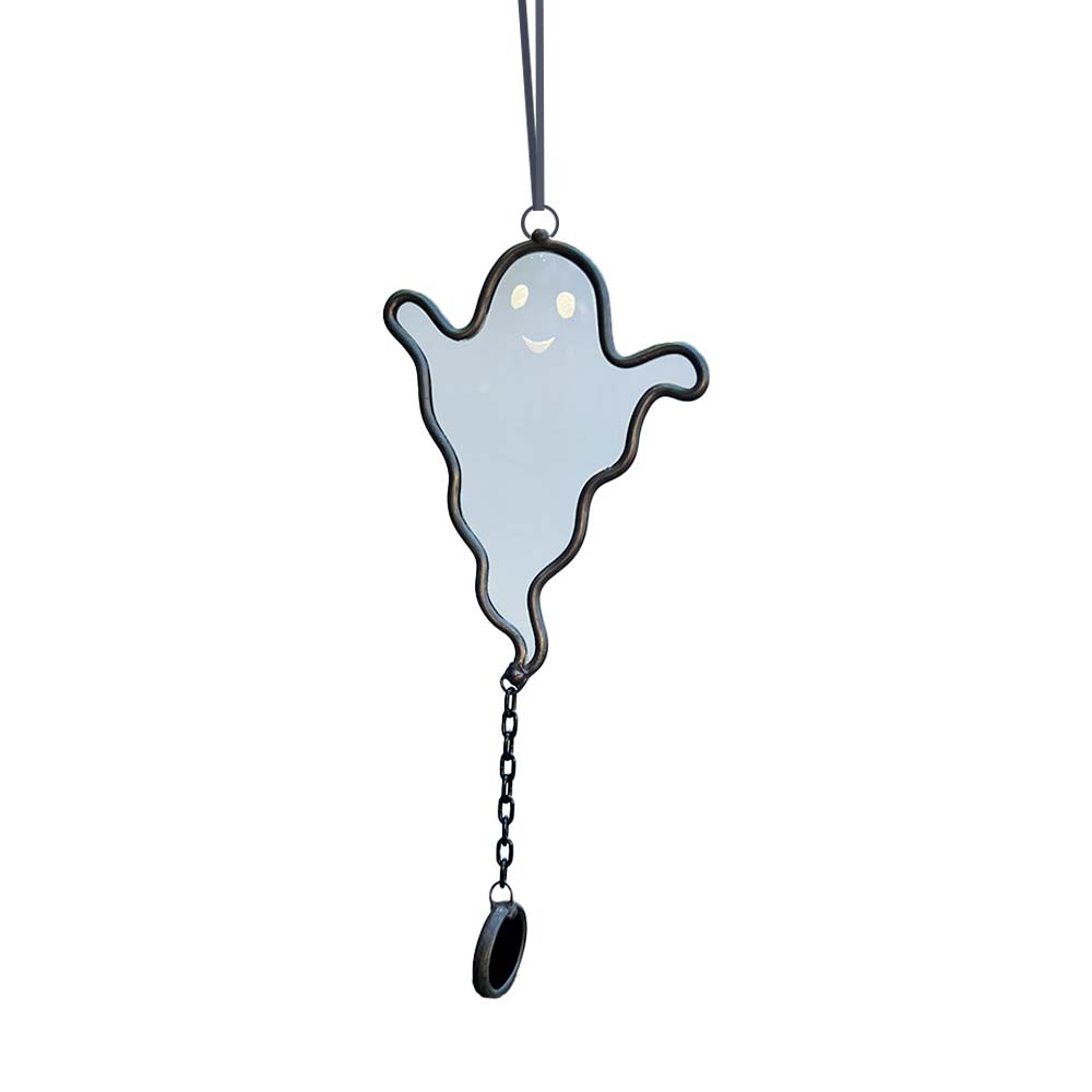Ghost-shaped ornament with a chain on a white background