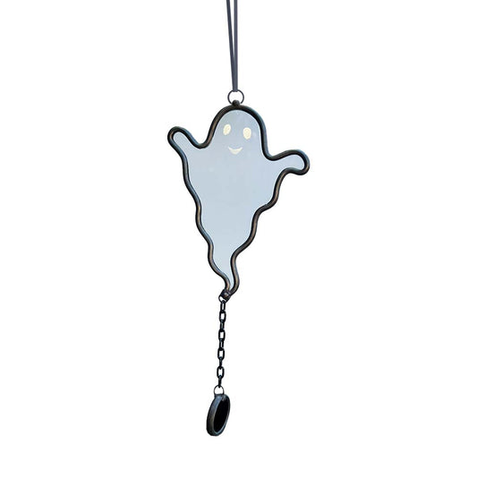 Ghost-shaped ornament with a chain on a white background