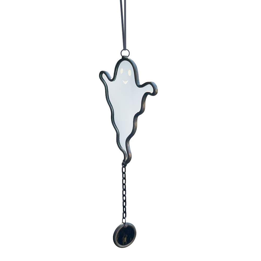 Ghost-shaped ornament with a chain on a white background
