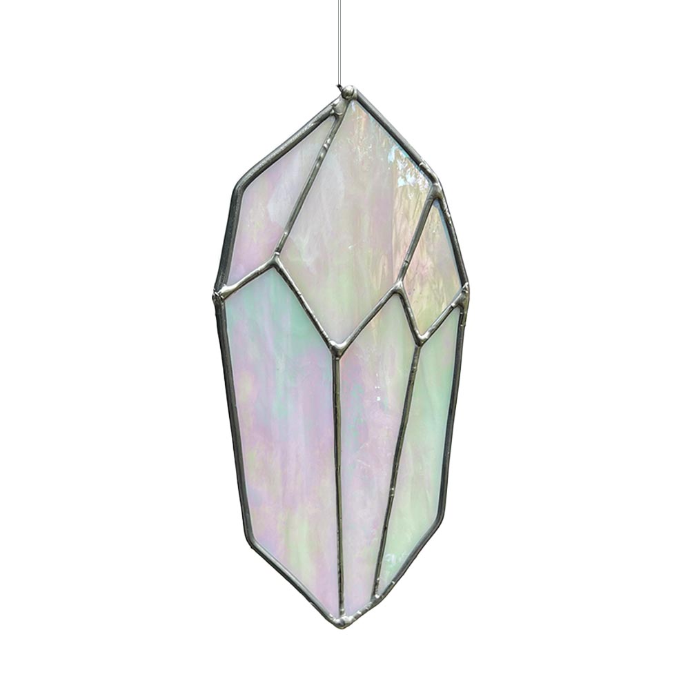 Iridescent stained glass gemstone suncatcher, artisan-made decor to catch sunlight.