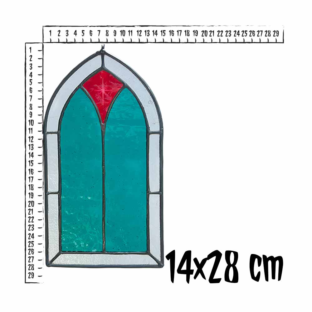 Stained glass window with red and turquoise colours next to a ruler indicating dimensions.