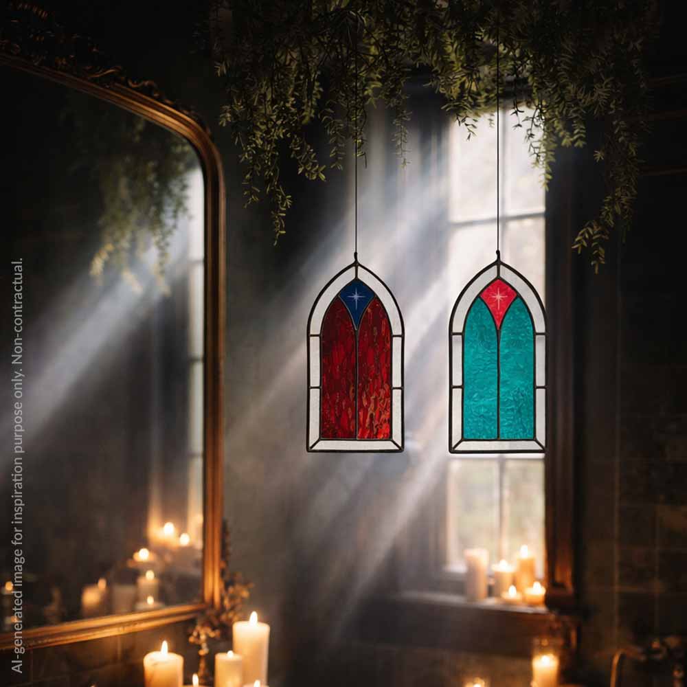 Two stained glass gothic window suncatchers with red and blue designs in a dimly lit room with candles and a mirror.