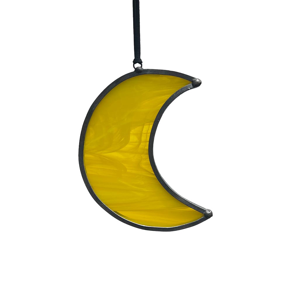 Cheerful lemon-yellow stained glass moon suncatcher, handmade to brighten interiors.
