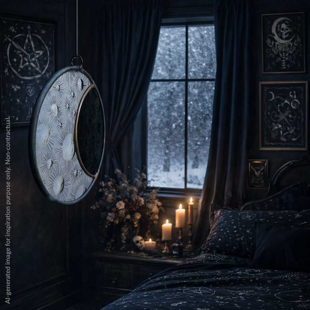 Dark, moody room with celestial decorations and candles by a window.