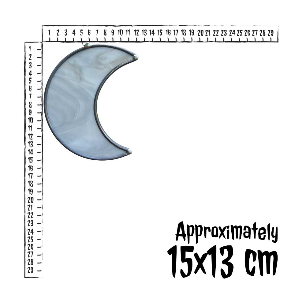 Moon-shaped marbled grey stained glass decor piece with a ruler for scale on a white background