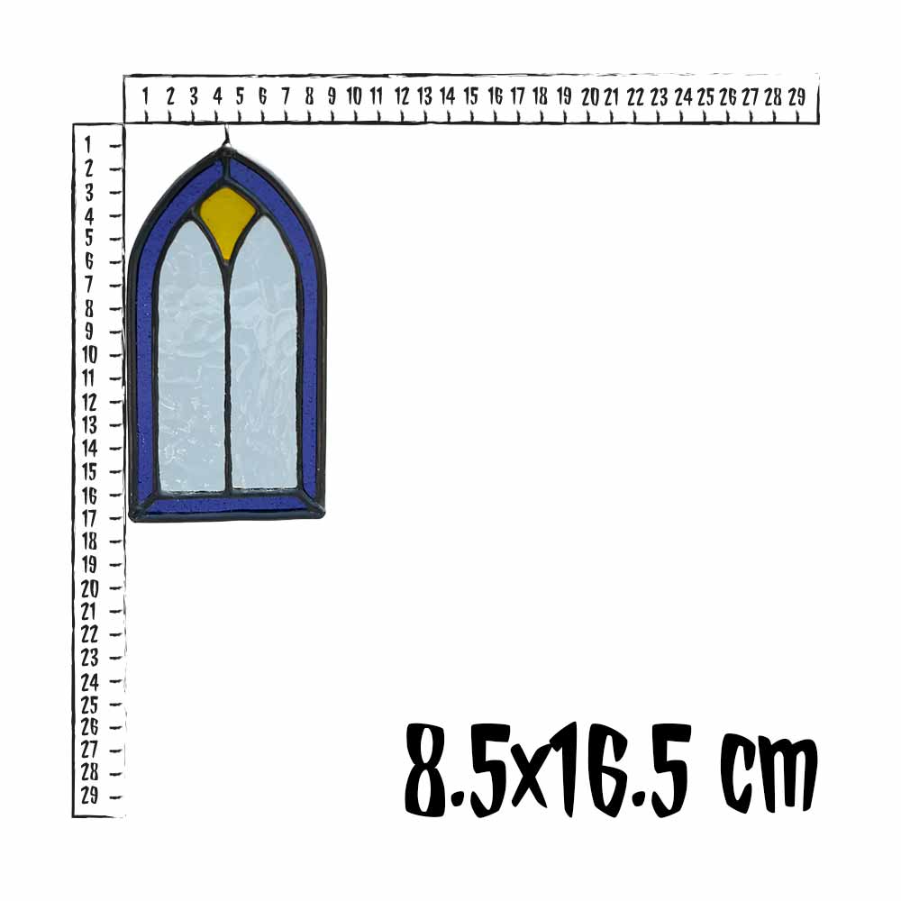 Lavender and yellow stained glass window design with a ruler for scale on a white background