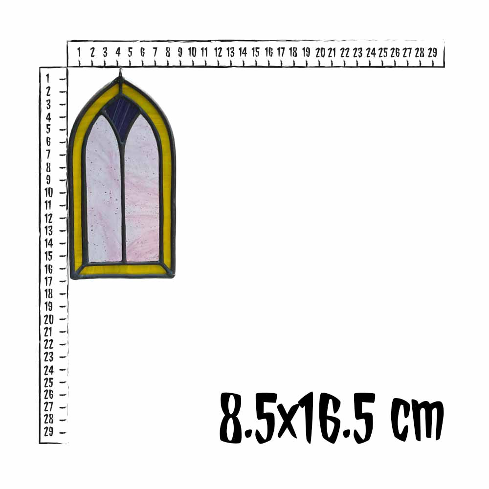 Stained glass window design with a ruler for scale on a white background