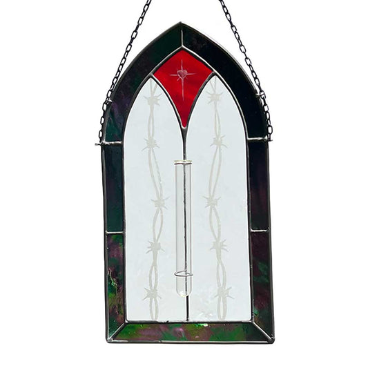Stained glass gothic window suncatcher propagation station with barbed wire engraving and red accent on a white background