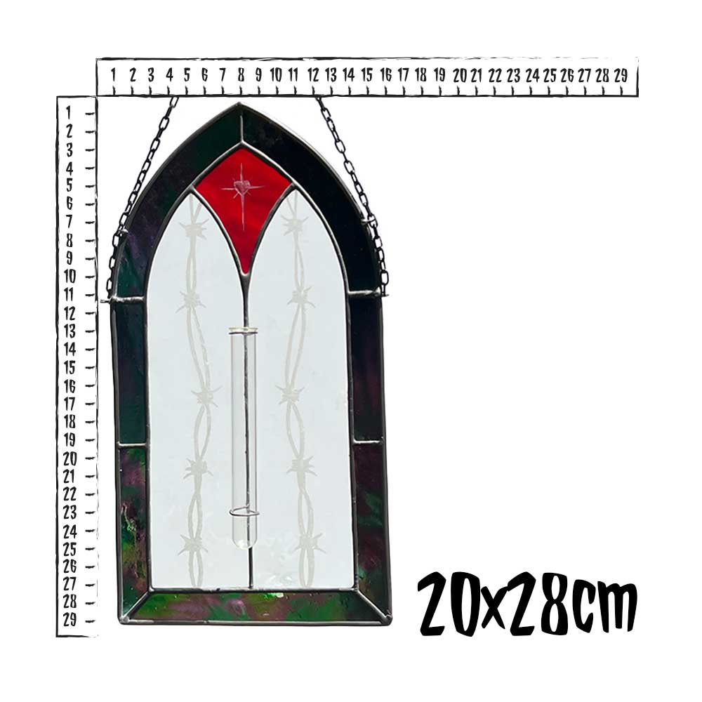 Stained glass gothic window propagation station with red accent, engraved barbed wire pattern, measured against a ruler.