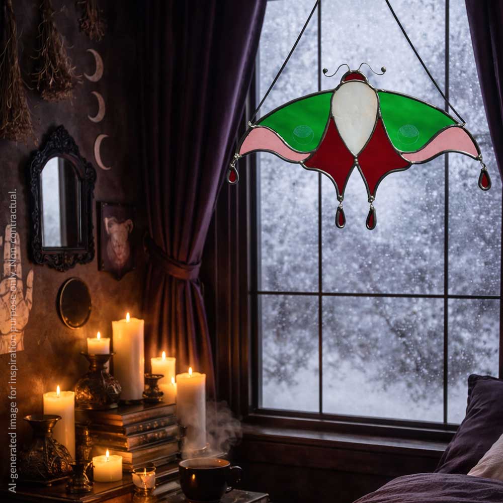 Stained glass moth hanging above a cozy room with candles and books.