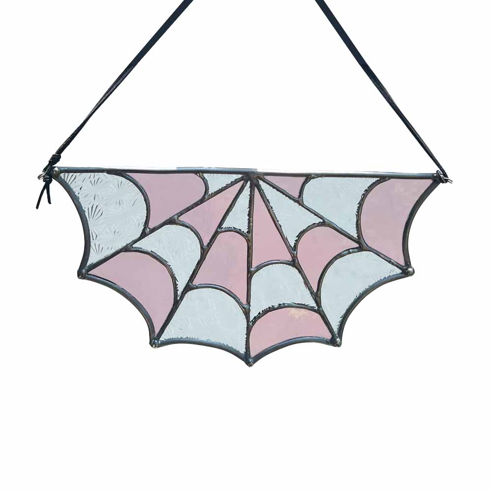 Handcrafted clear textured and pink stained glass spiderweb, decorative window décor.