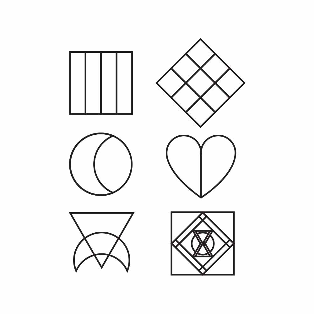 Set of geometric and abstract line drawings on a white background