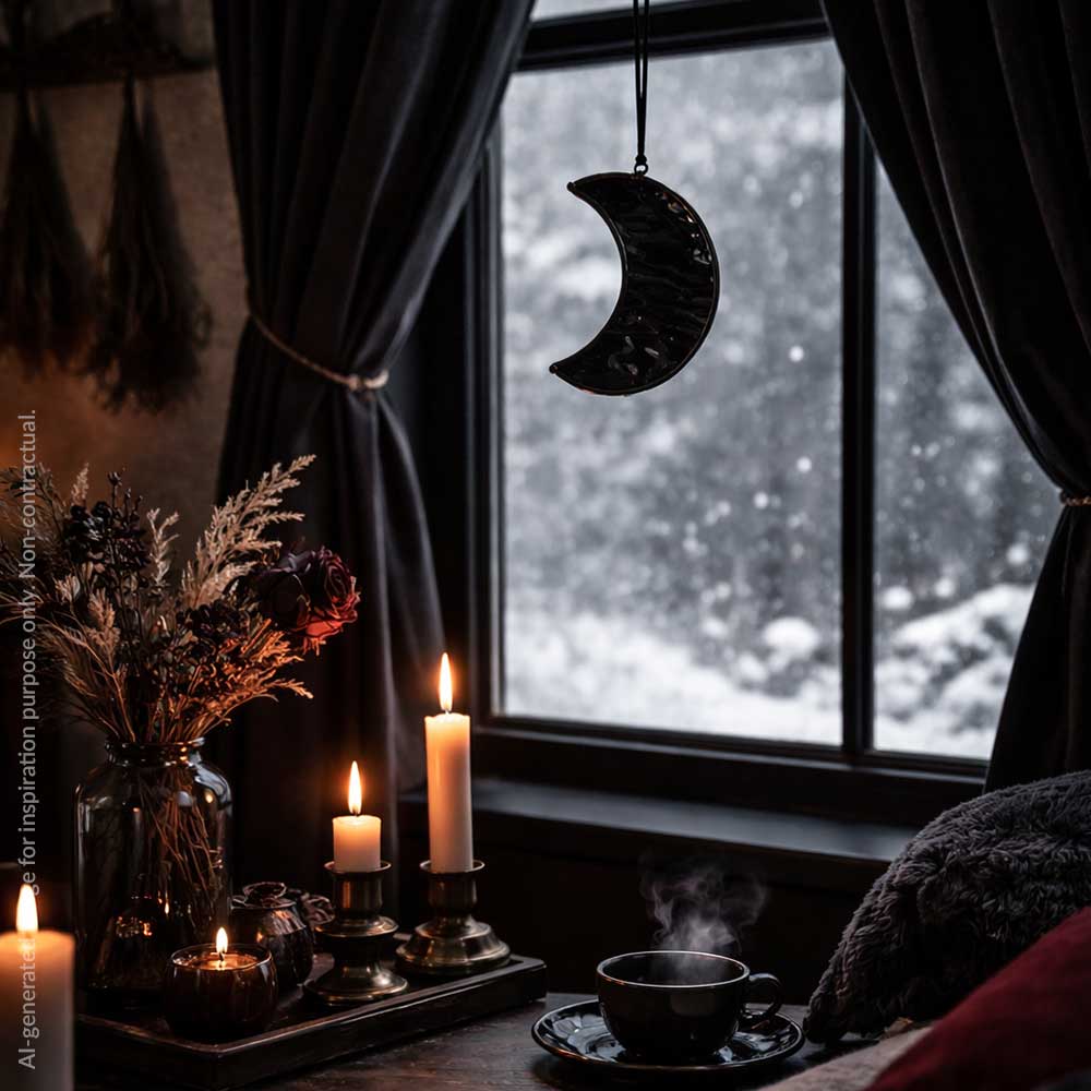 Candlelit scene with a window view of snow, a crescent moon decoration, and a cup on a saucer.