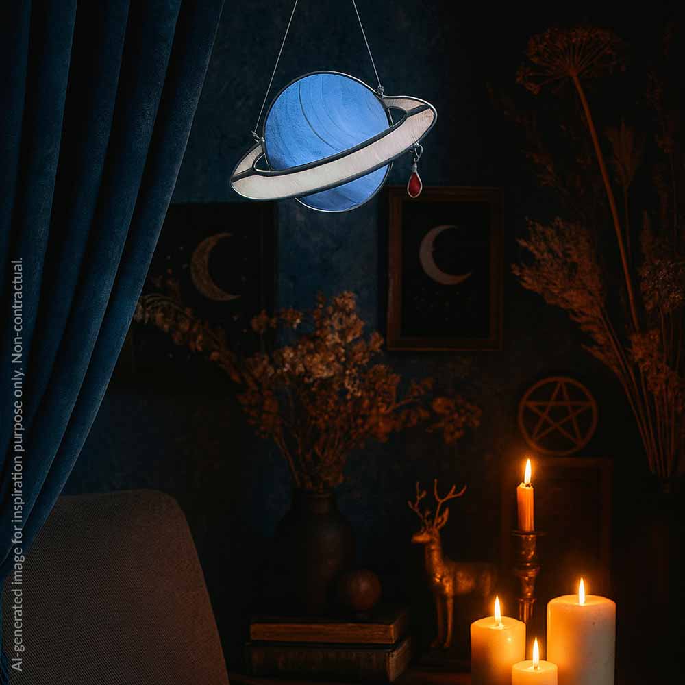 Decorative Stained Glass Blue Planet in a dark room with candles and dried flowers