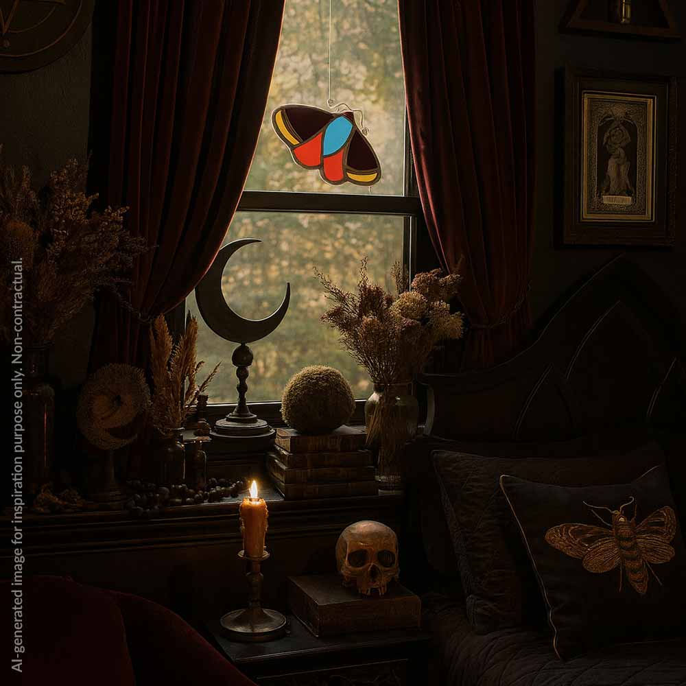 Room interior with a window, candles, and decorative items including a skull and a colourful stained glass moth.