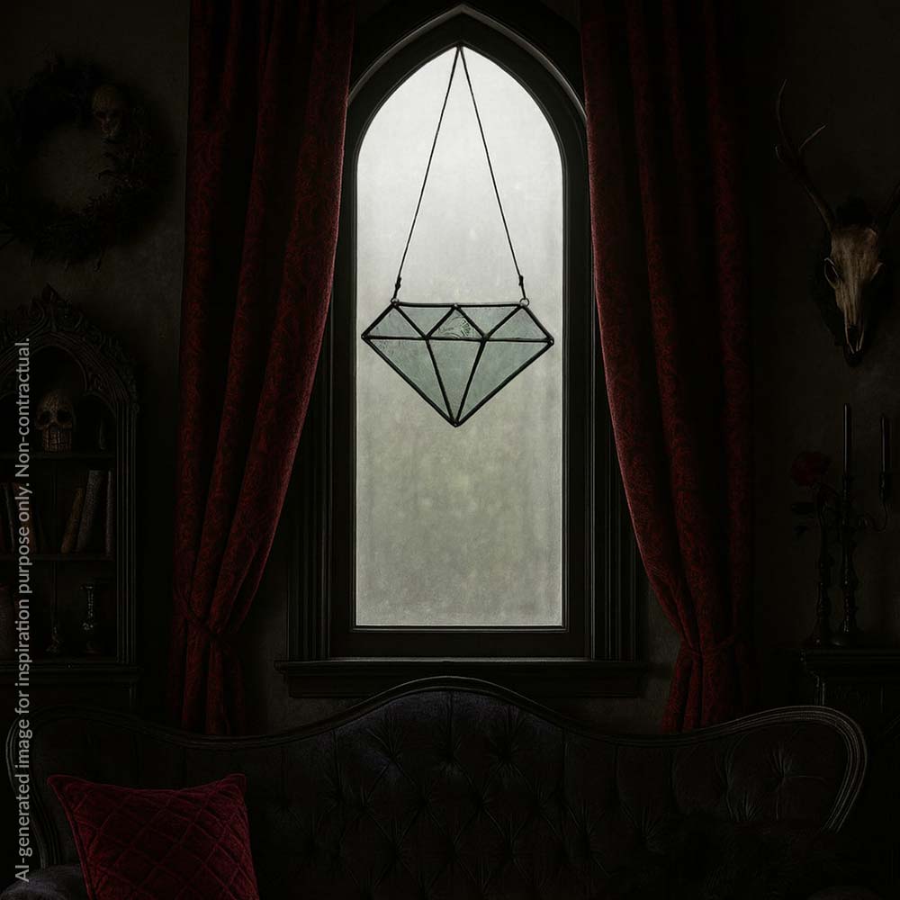 Decorative stained glass diamond piece in a dark, gothic inspired room with red curtains and occult decor on the wall.