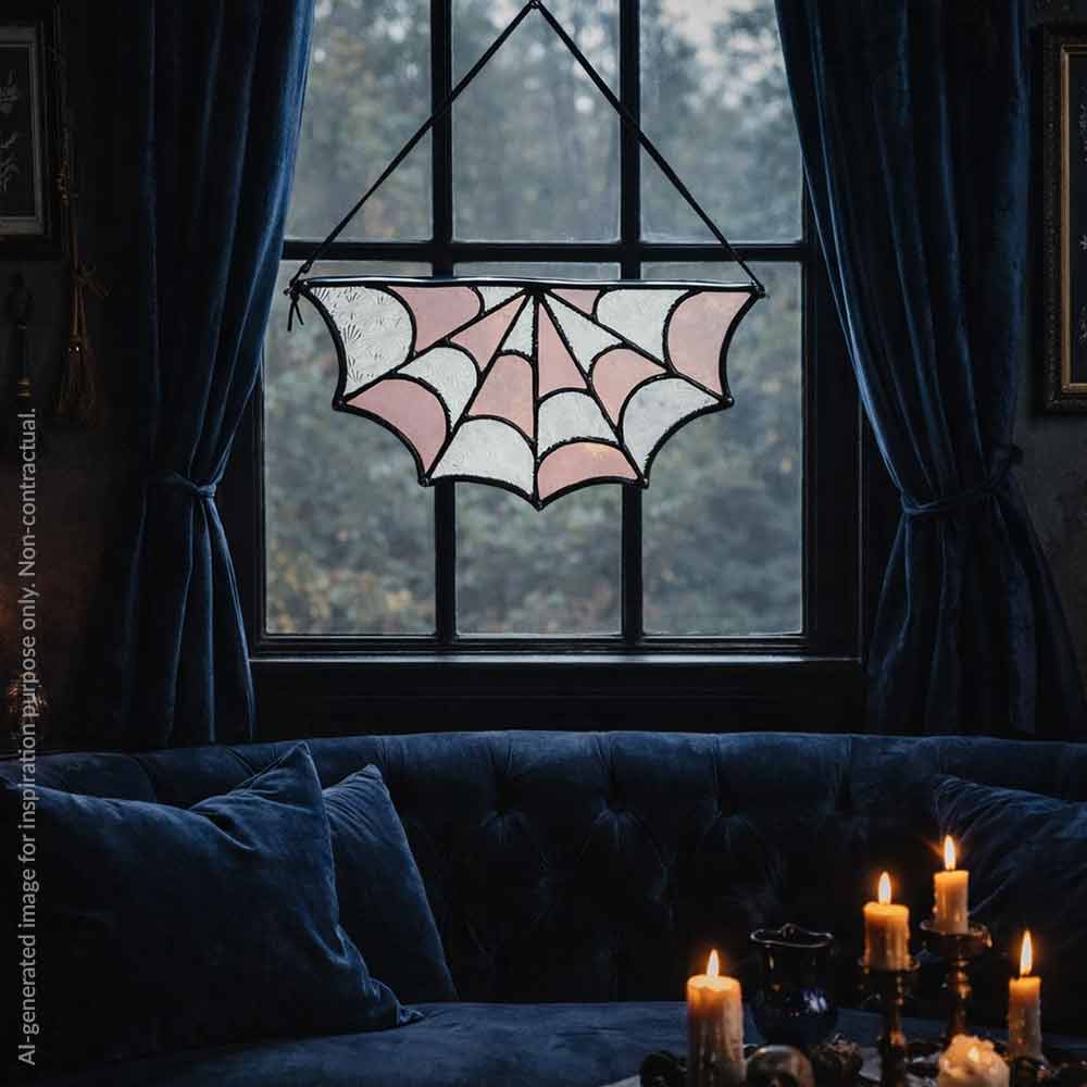 Decorative pink and clear stained glass spider web piece in a dark, gothic inspired lounge room with blue curtains and occult decor on the wall.