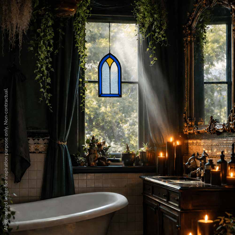 Gothic-style bathroom with stained glass window, candles, and a freestanding bathtub.