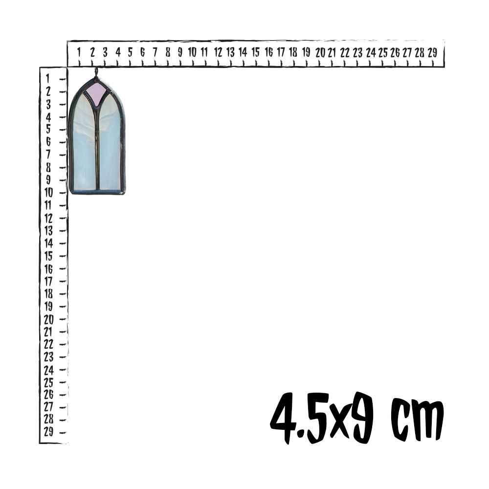 Measurement chart with a small stained glass window and a ruler, showing dimensions 4.5x9 cm.