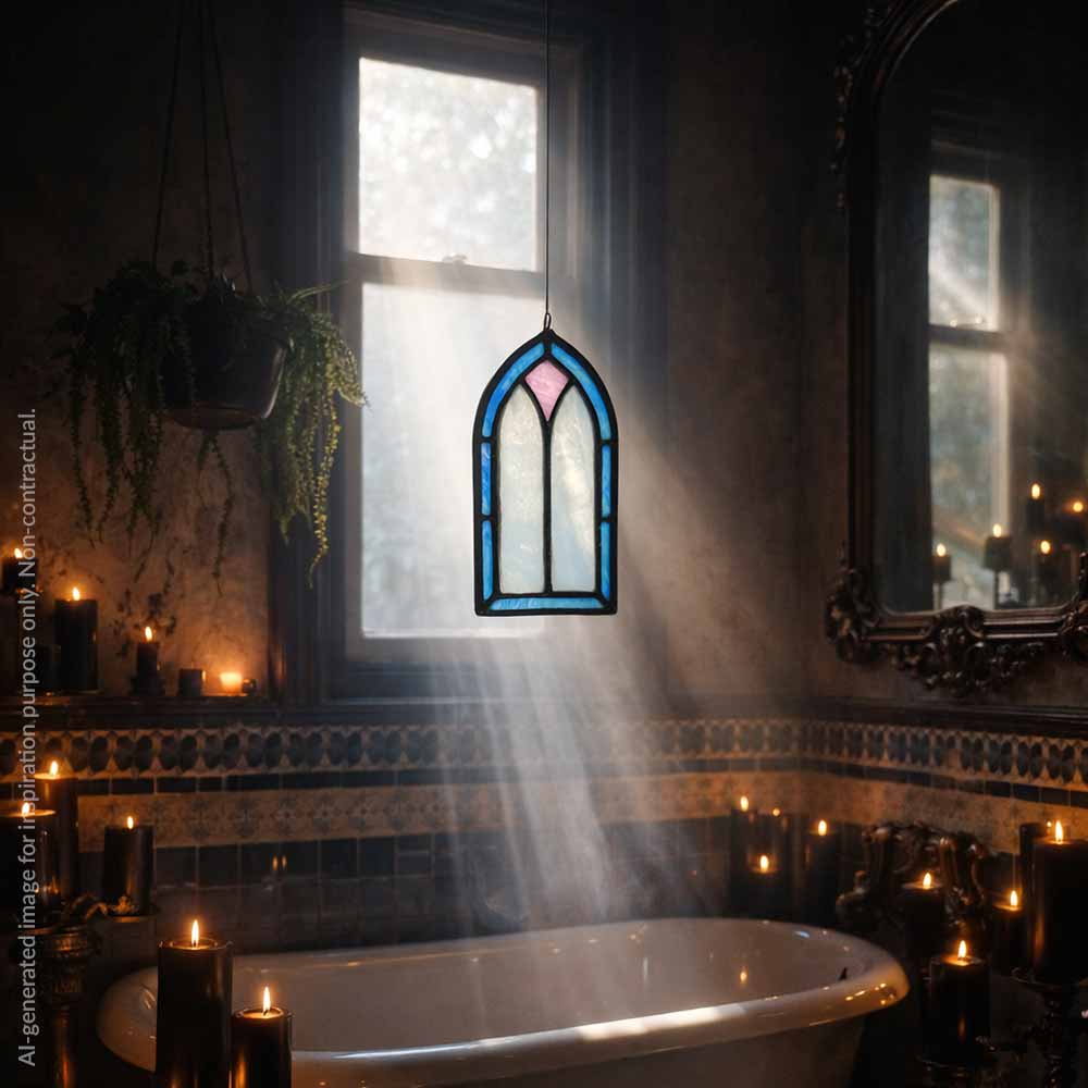 Iridescent stained glass window in a bathroom with candles and steam