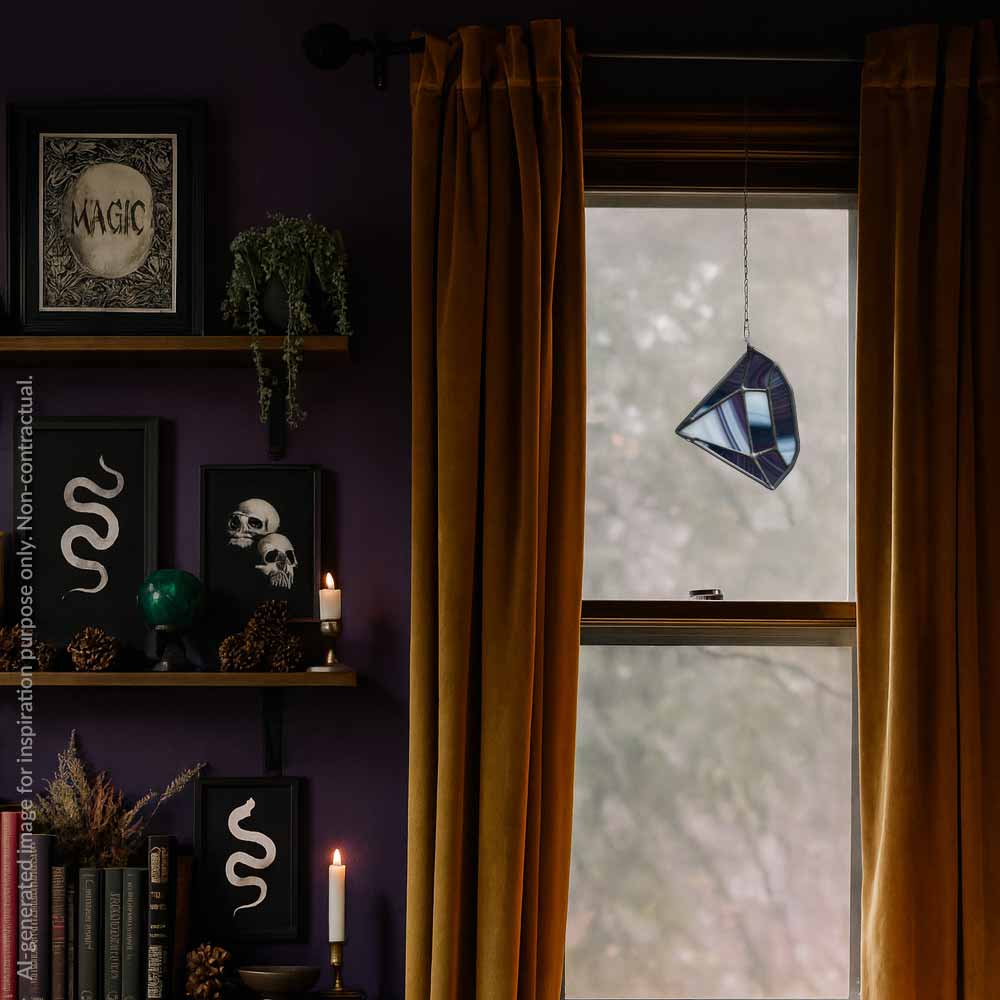 Room interior with purple walls, shelves with occult decor items, and a window with a decorative purple stained glass diamond.
