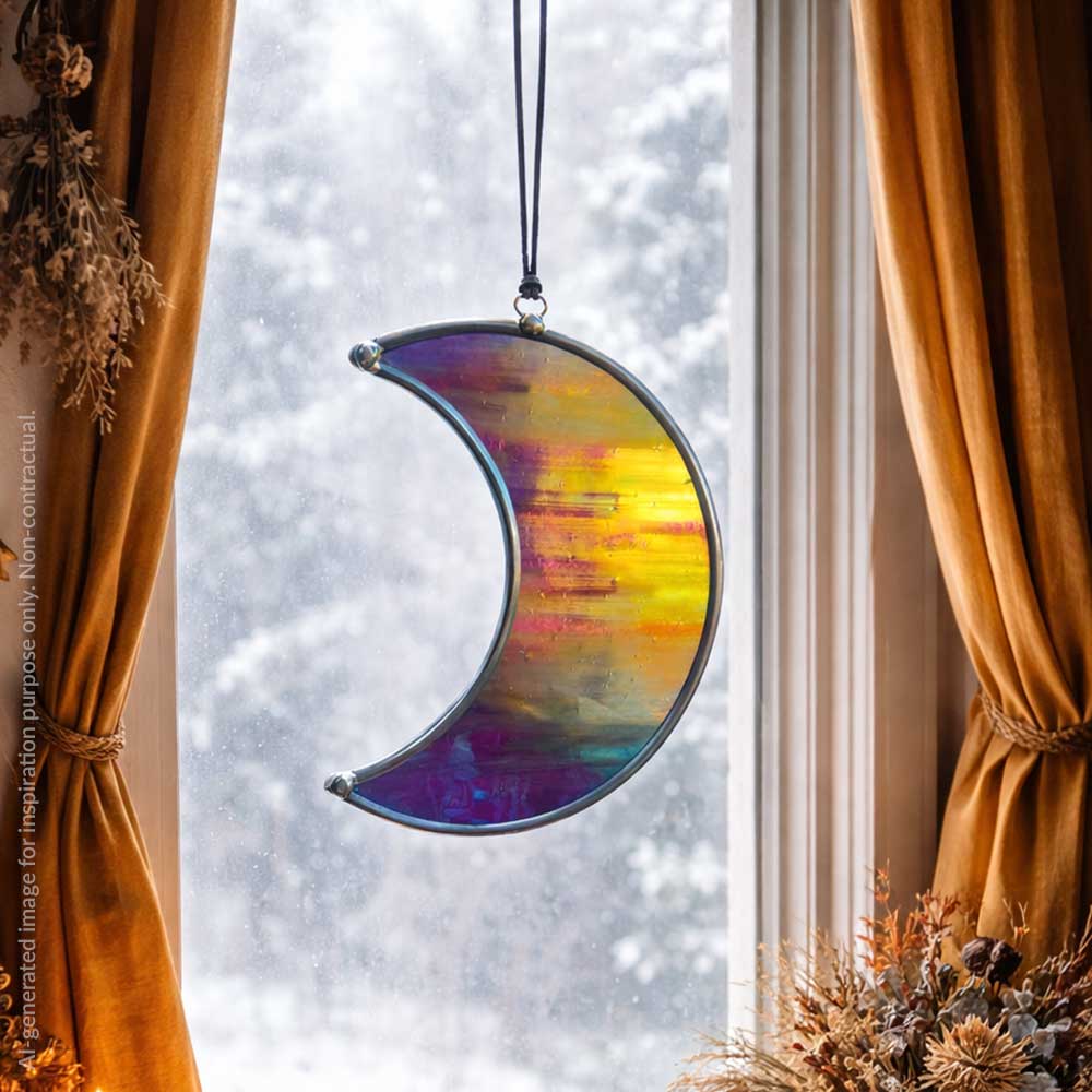 Colorful crescent moon-shaped ornament hanging in front of a window with snow outside.