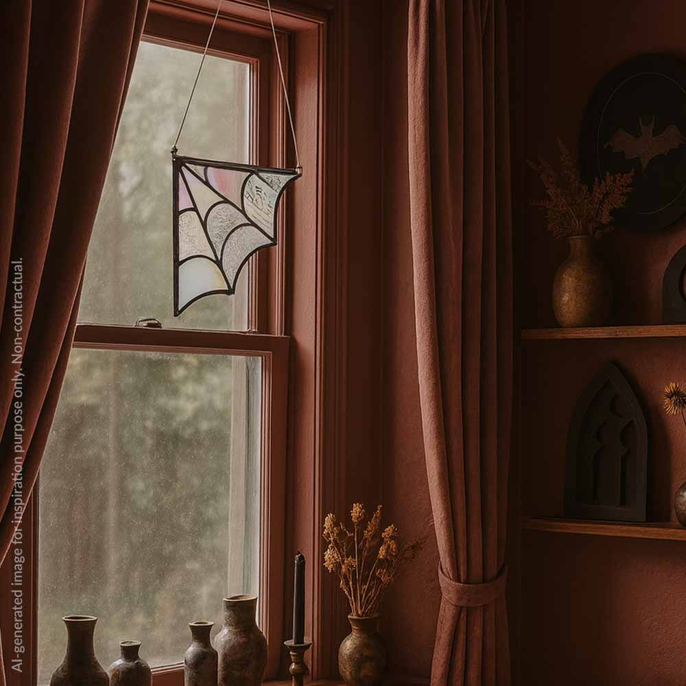 Stained glass spider web hanging by a window with curtains and decorative items.