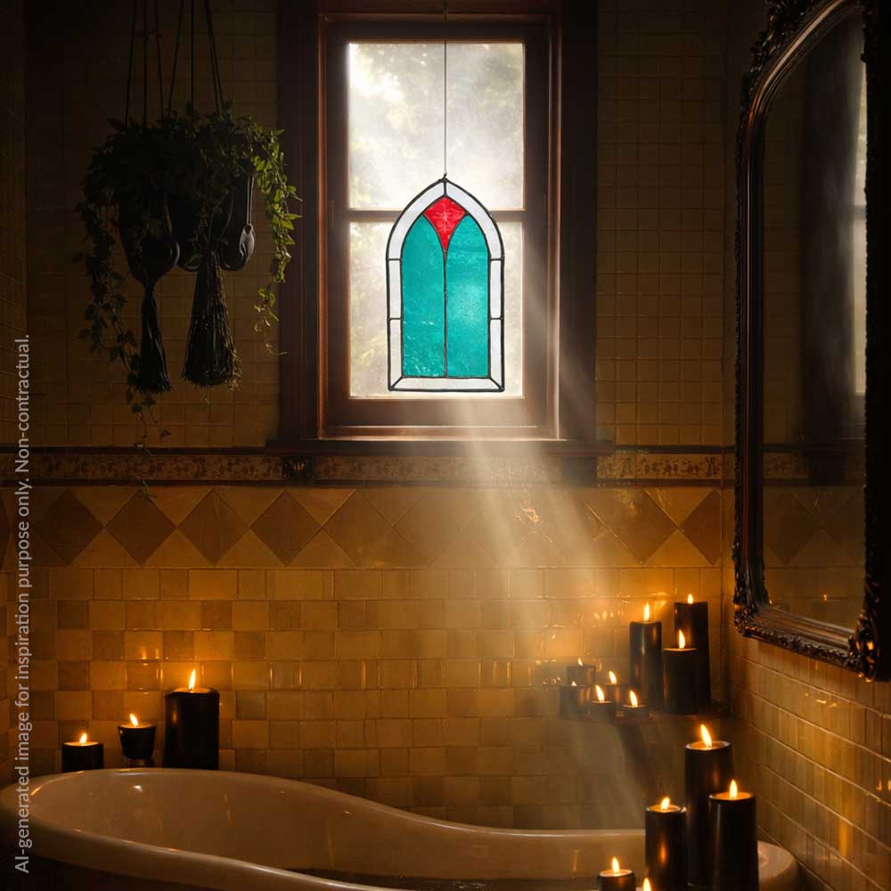 Bathroom with a bathtub, candles, and a turquoise stained glass suncatcher with a red accent in front of a window.