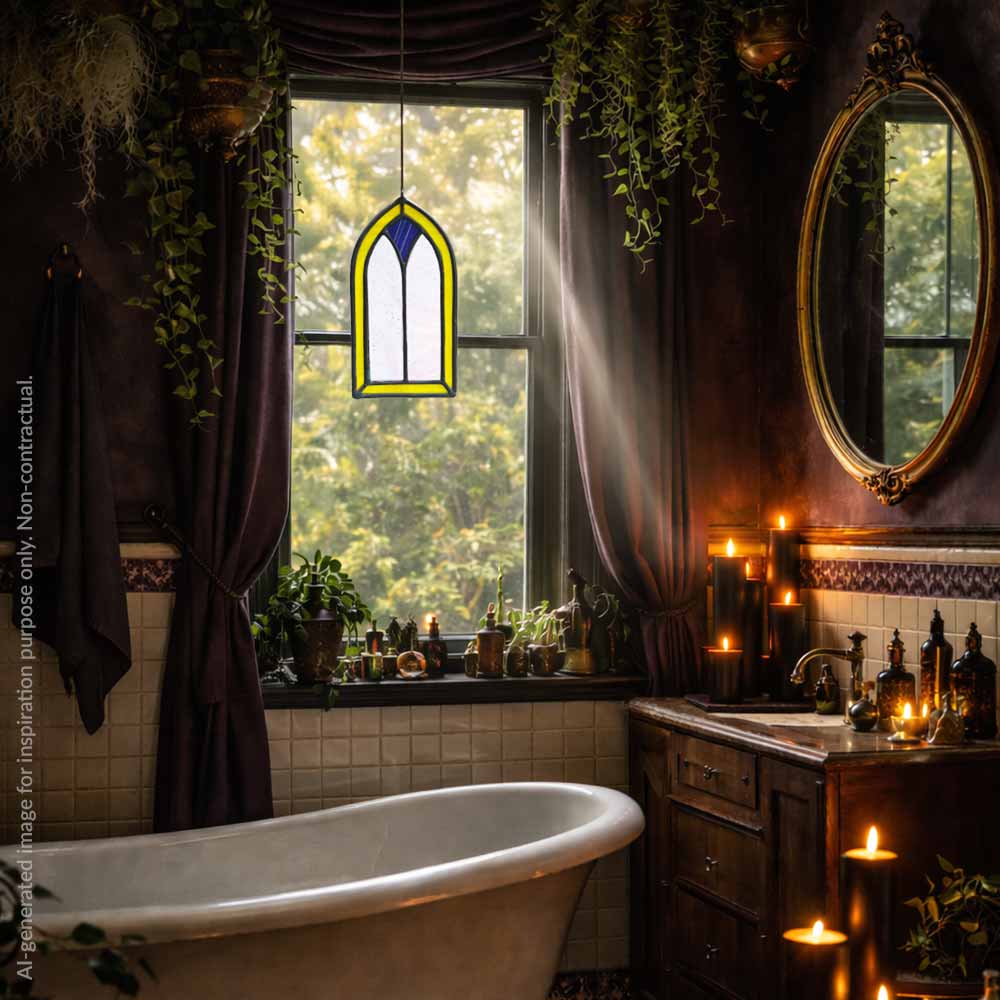 Gothic-style bathroom with stained glass window, candles, and a freestanding bathtub.