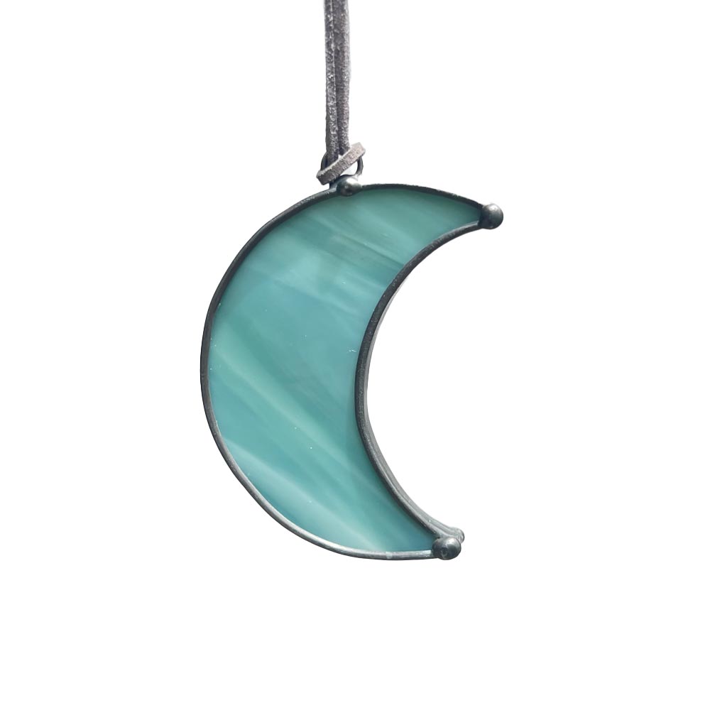 Teal stained glass moon window decor, handmade decorative suncatcher for home.