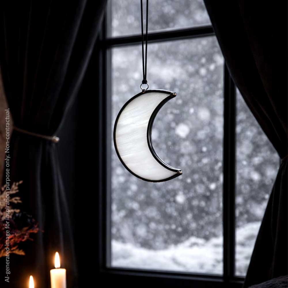 Moon-shaped stained glass piece hanging in front of a snowy window