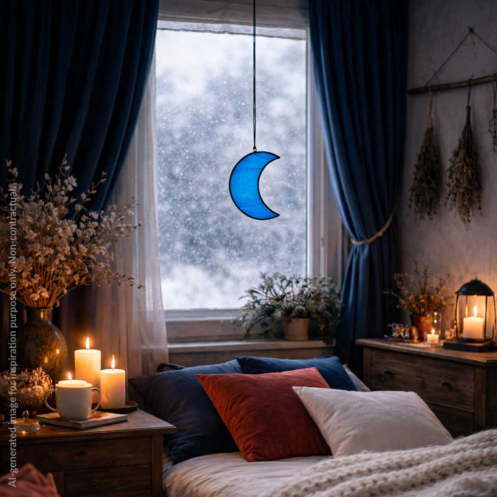 Cozy bedroom with a wispy blue stained glass moon decor piece in front of snow filled window, lit candles, and decorative pillows.